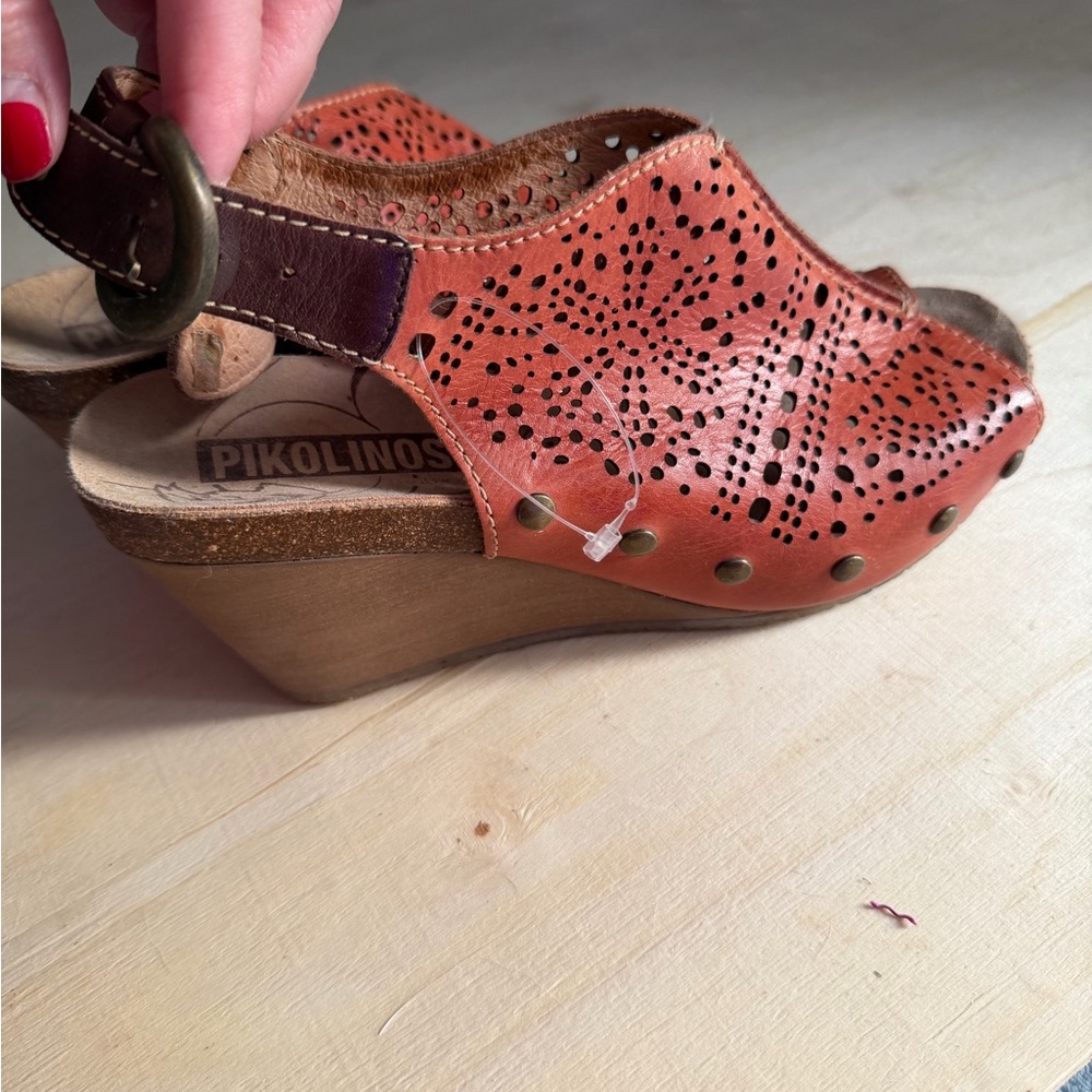 PIKOLINOS Rust Orange Perforated Leather Wedge Slingbacks